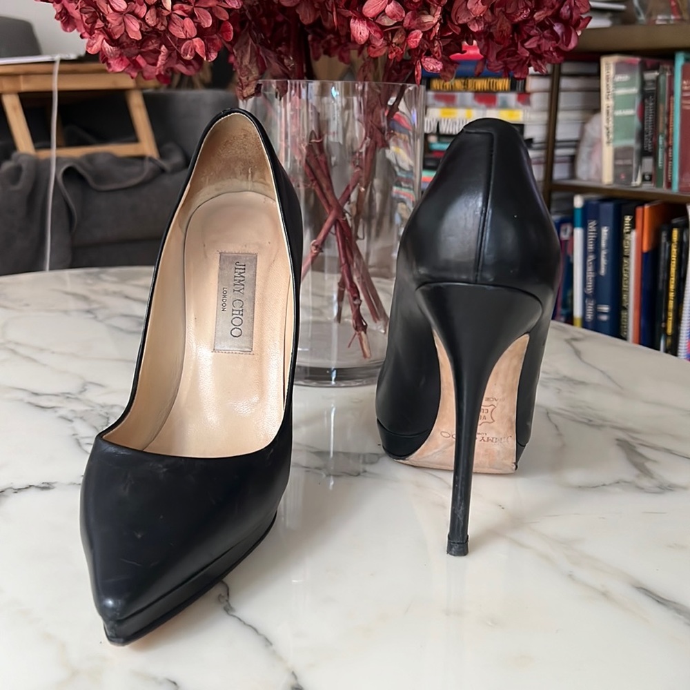Jimmy Choo classic black stilettos 4.75” heel 0.5” platform pumps